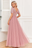 Dusty Rose A-Line V Neck Tulle Prom Dress with Short Sleeves