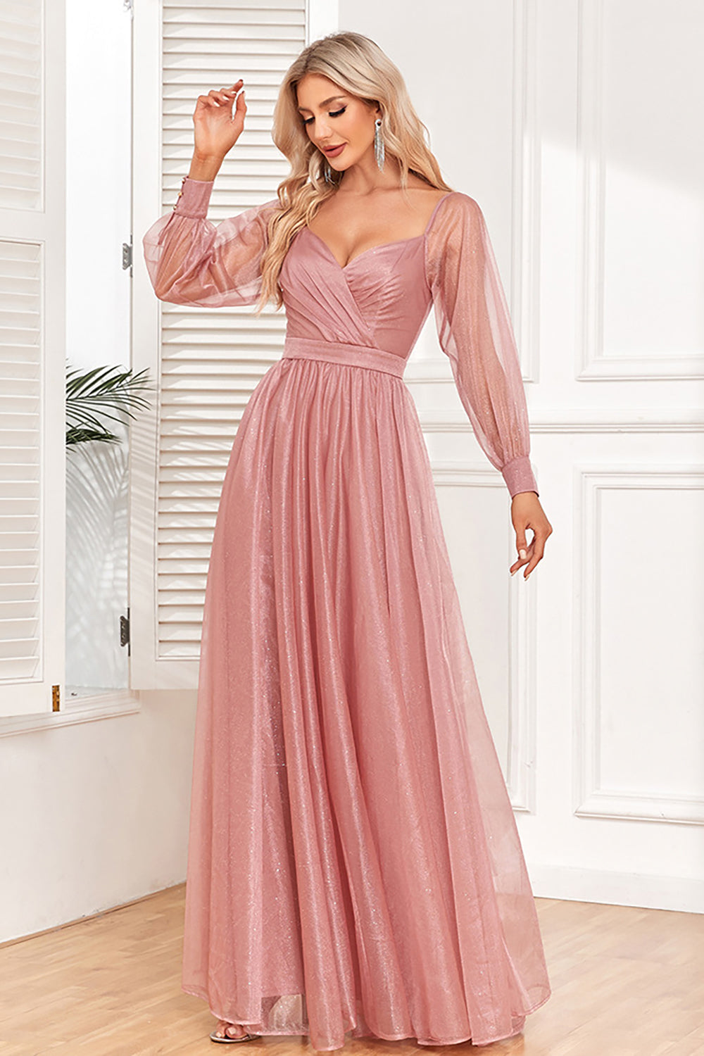 Dusty Rose A-Line Long Sleeves Prom Dress