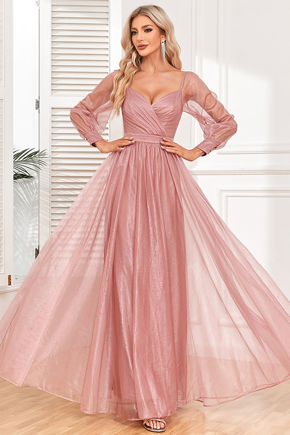 Dusty Rose A-Line Long Sleeves Prom Dress