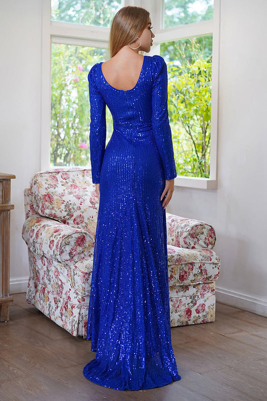 Sparkly Mermaid Long Sleeves Royal Blue Prom Dress with Slit