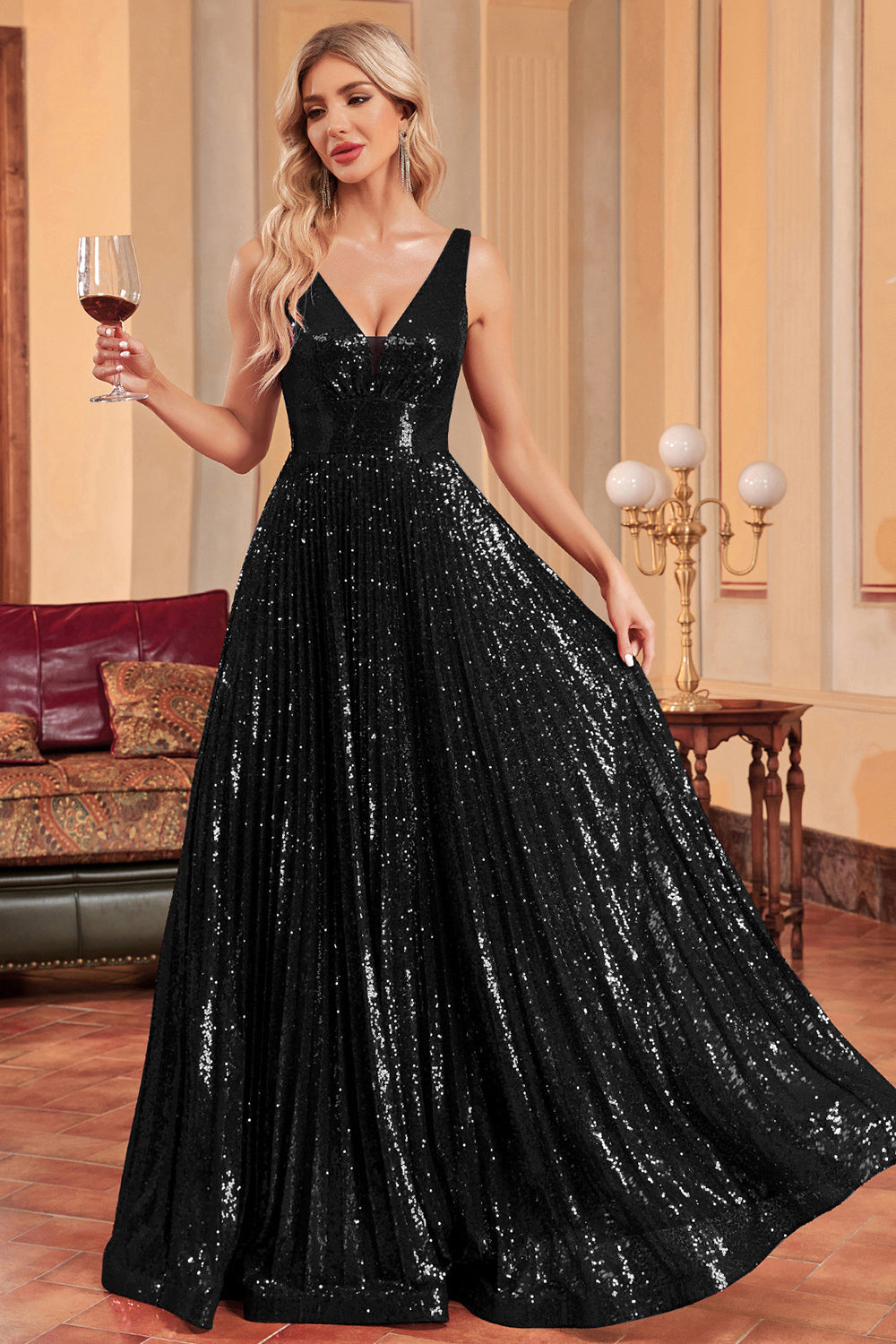 Zapakasa Women Sparkly Black Prom Dress with Sequins A-Line Sleeveless