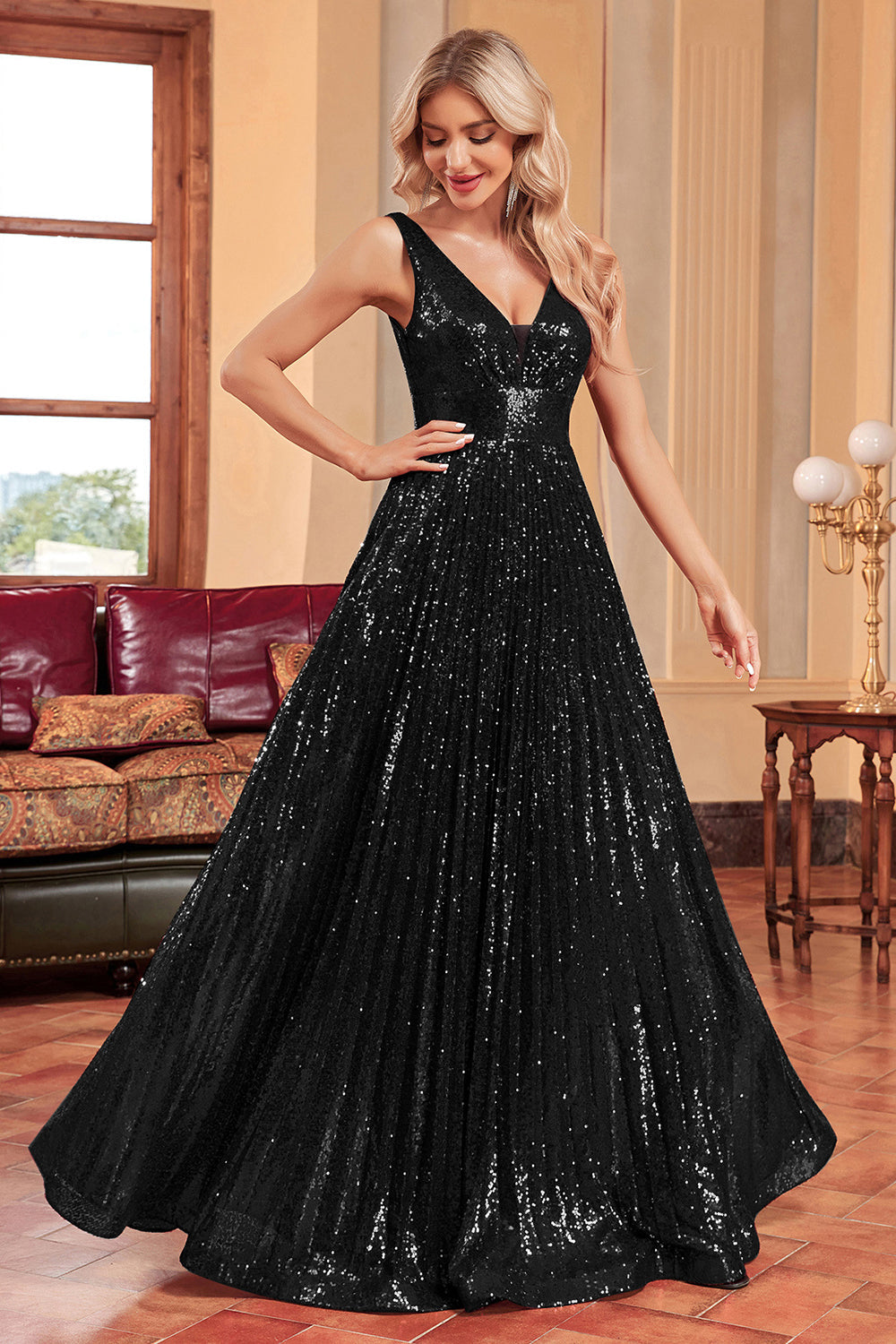 Zapakasa Women Sparkly Black Prom Dress with Sequins A-Line Sleeveless