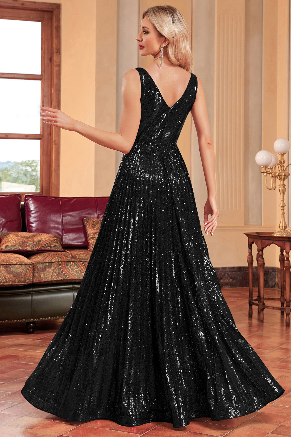Zapakasa Women Sparkly Black Prom Dress with Sequins A-Line Sleeveless