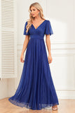 Sparkly Royal Blue A-Line V-Neck Long Prom Dress with Ruffles