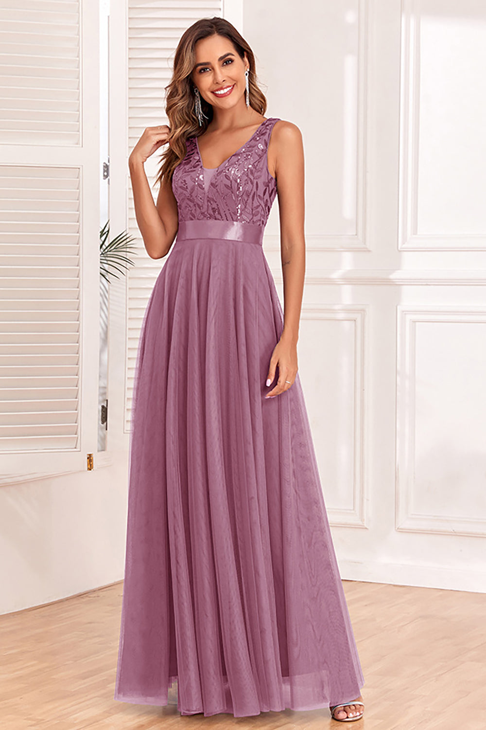 A-Line V-Neck Blue Prom Dress