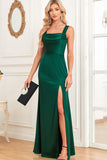 Mermaid Dark Green Satin Long Prom Dress with Slit