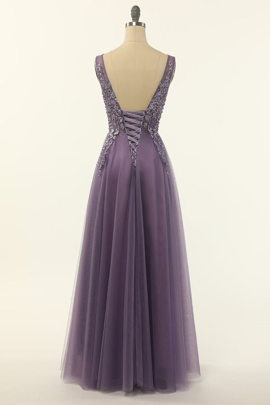 Tulle Purple A-line Prom Dress