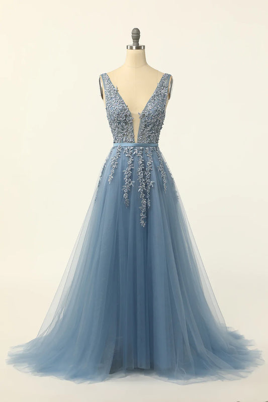 Blue Tulle Sleeveless Prom Dress with Appliques