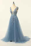 Blue Tulle Sleeveless Prom Dress with Appliques