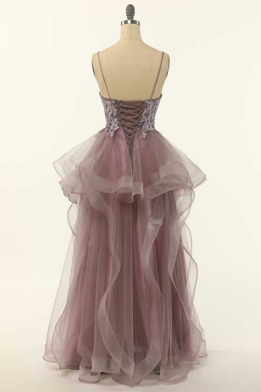 Tulle Purple Grey Spaghetti Straps Prom Dress With Appliques