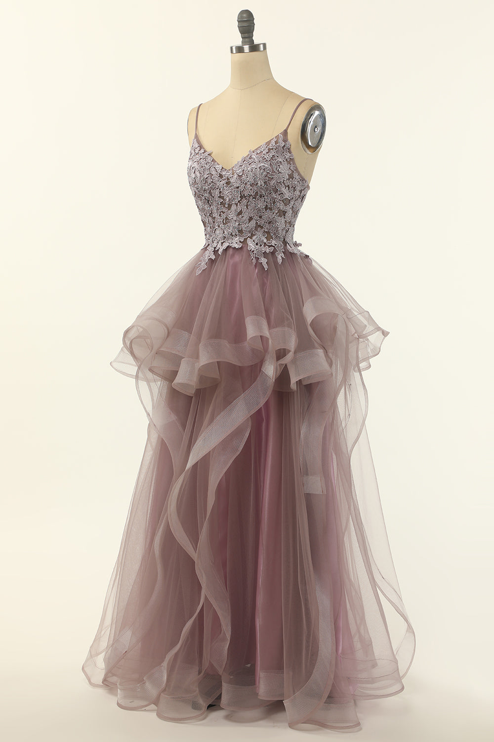 Tulle Purple Grey Spaghetti Straps Prom Dress With Appliques