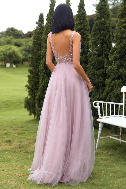 Blush Tulle Sequins Prom Dress