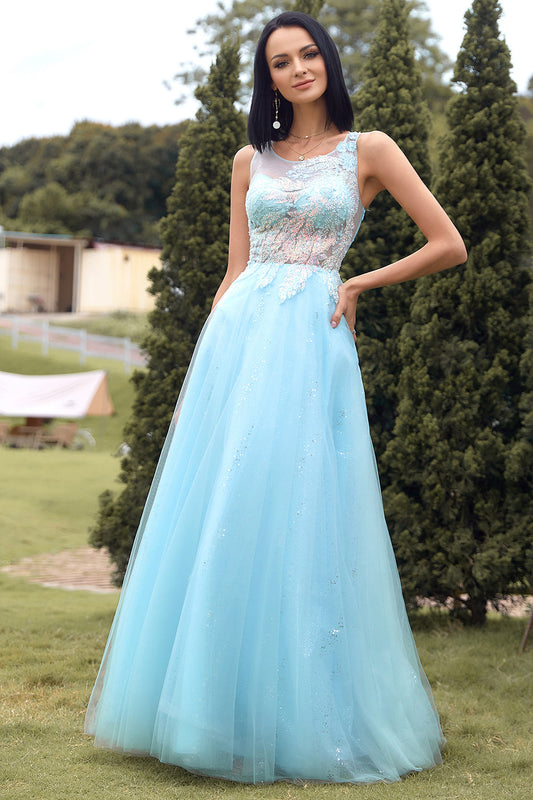 Sky Blue A-line Tulle Prom Dress With Beading