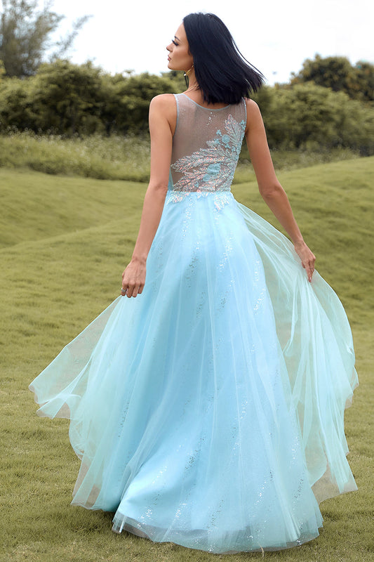 Sky Blue A-line Tulle Prom Dress With Beading
