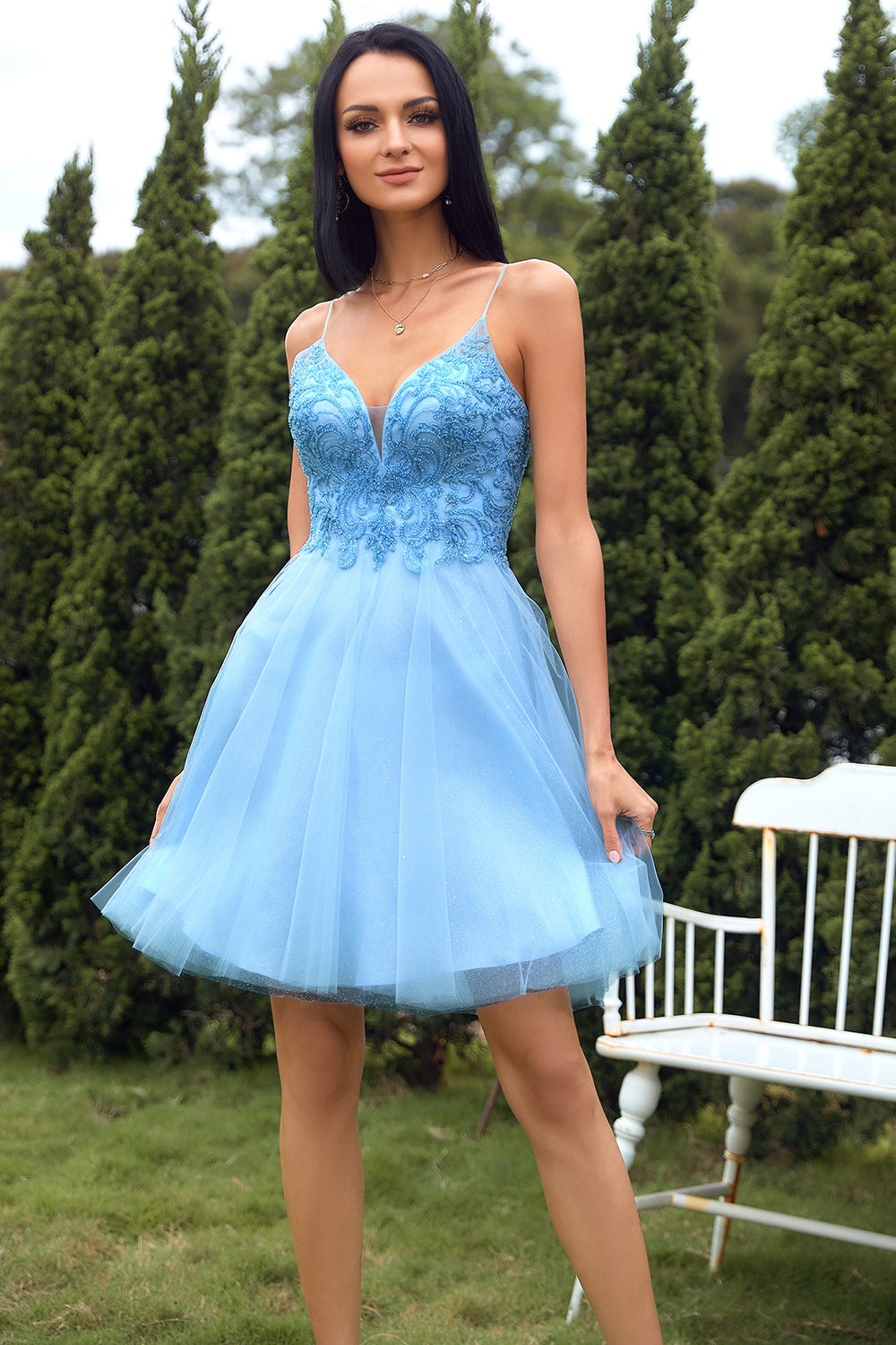 Blue A-line Cute Homecoming Dress with Appliques