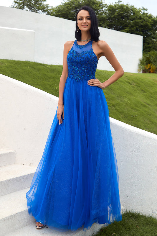 Royal Blue Tulle Prom Dress with Appliques