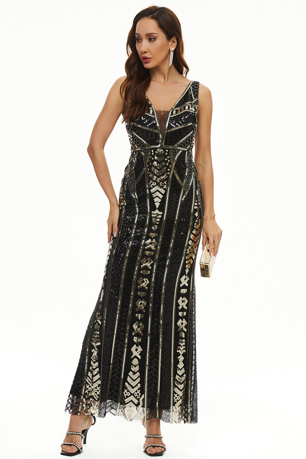 Sequin V-neck Sheath Long Formal Dress