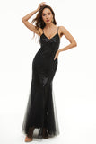 Black Sequin Spaghetti Straps Sheath Mother Dress