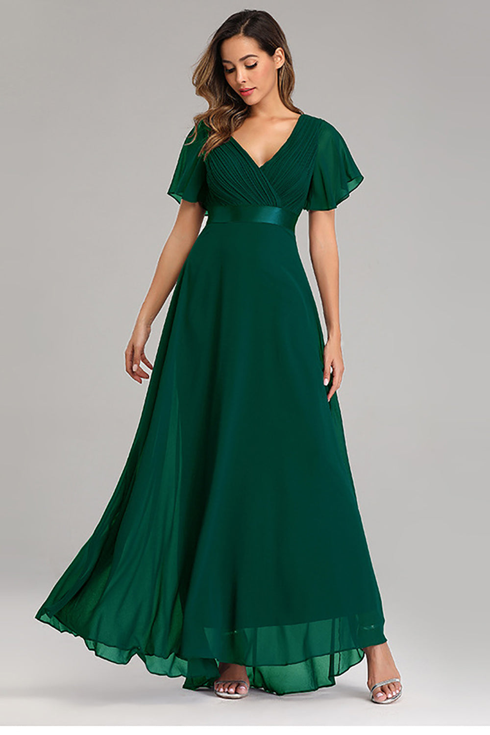Dark Green Chiffon Long Bridesmaid Dress with Ruffles