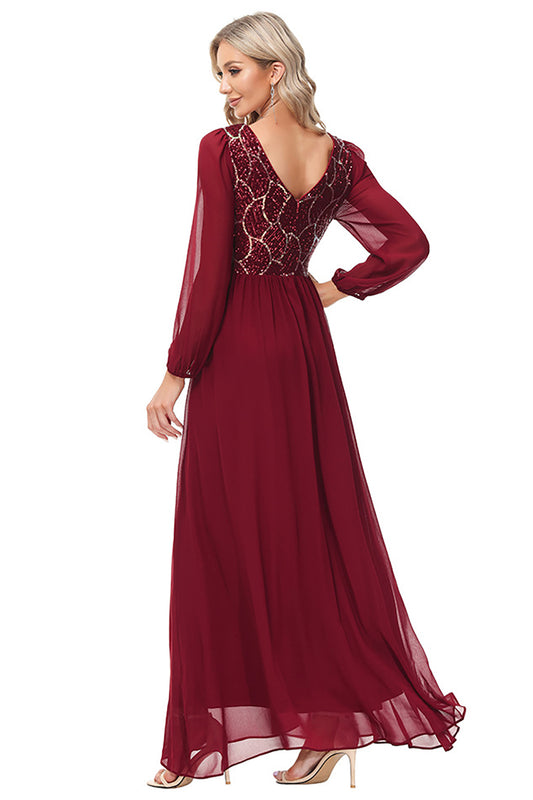 Sparkly Burgundy Long Sleeves Beaded Mother of the Bride Dress