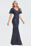 Sparkly Navy Beaded Mother of the Bride Dress with Sleeves