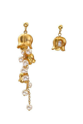 Golden Flowers Pearl Asymmetrical Earrings
