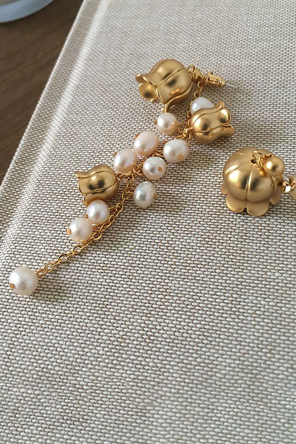Golden Flowers Pearl Asymmetrical Earrings