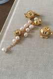 Golden Flowers Pearl Asymmetrical Earrings