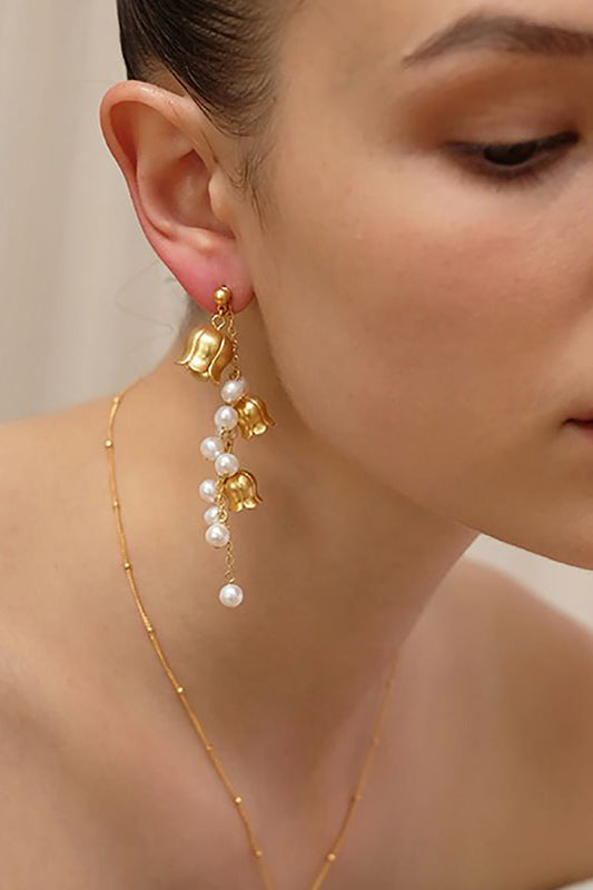 Golden Flowers Pearl Asymmetrical Earrings