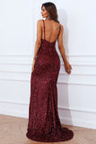 Mermaid Burgundy Sequins Holiday Party Dress with Slit