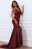 Mermaid Burgundy Sequins Holiday Party Dress with Slit