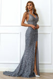 Mermaid Burgundy Sequins Holiday Party Dress with Slit