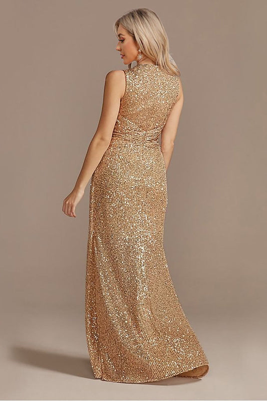 Champagne V-Neck High Low Sequin Prom Dress