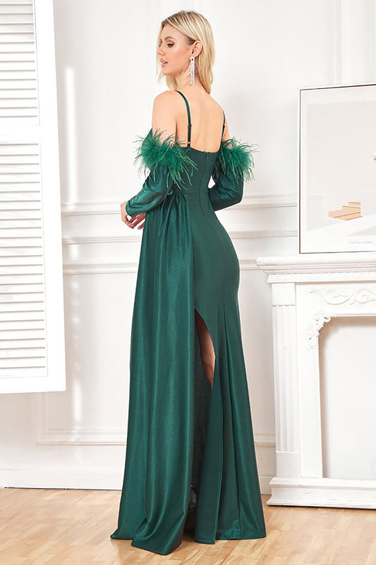 Dark Green Detachable Sleeves Spaghetti Straps Long Holiday Party Dress