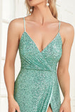 Sparkly Green Sapghetti Straps Long Holiday Party Dress With Slit