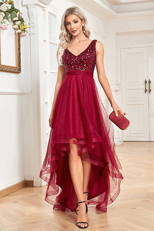 High Low Burgundy Sparkly Sequin V-Neck Holiday Party Dress