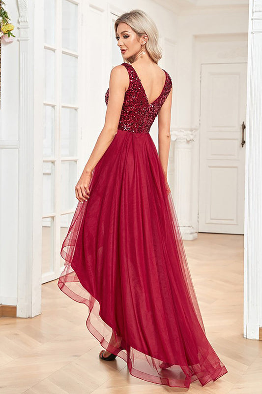 High Low Burgundy Sparkly Sequin V-Neck Holiday Party Dress