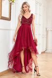 High Low Burgundy Sparkly Sequin V-Neck Holiday Party Dress