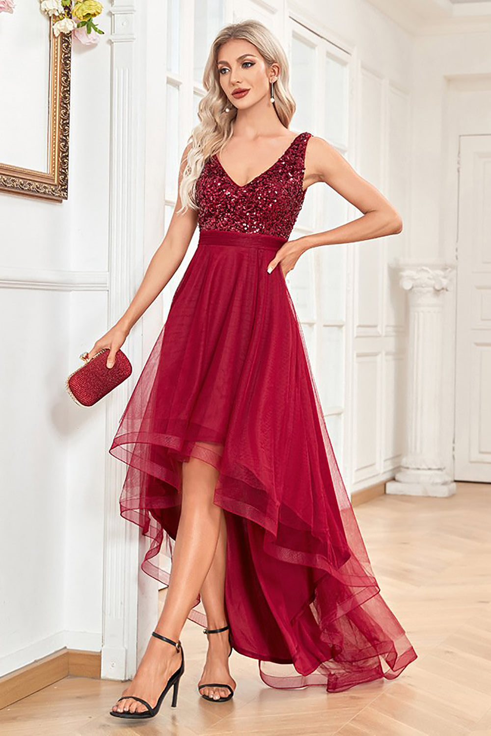 High Low Burgundy Sparkly Sequin V-Neck Holiday Party Dress
