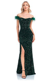 Sparkly Sequin Dark Green Mermaid Off the Shoulder Holiday Party Dress With Slit