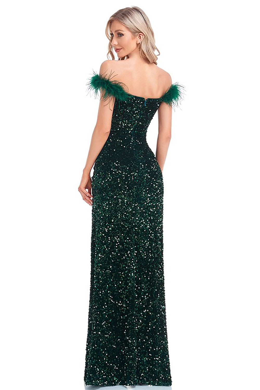 Sparkly Sequin Dark Green Mermaid Off the Shoulder Holiday Party Dress With Slit