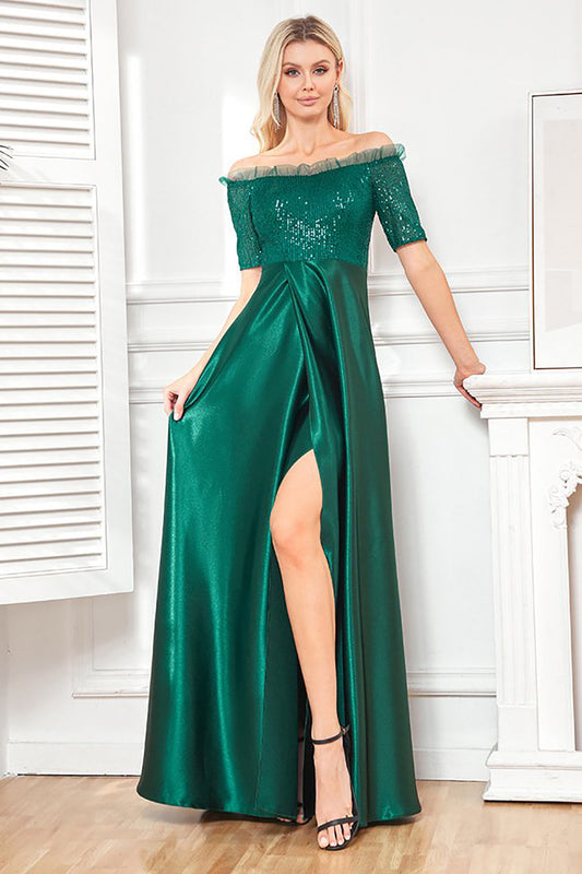 Off the Shoulder Dark Green Sparkly Sequin Long Holiday Party Dress With Slit