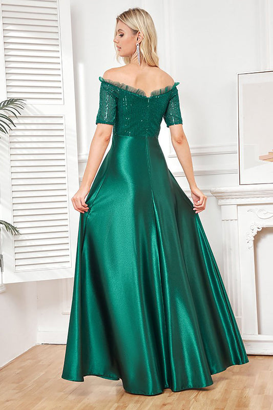 Off the Shoulder Dark Green Sparkly Sequin Long Holiday Party Dress With Slit