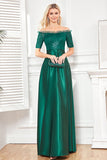 Off the Shoulder Dark Green Sparkly Sequin Long Holiday Party Dress With Slit