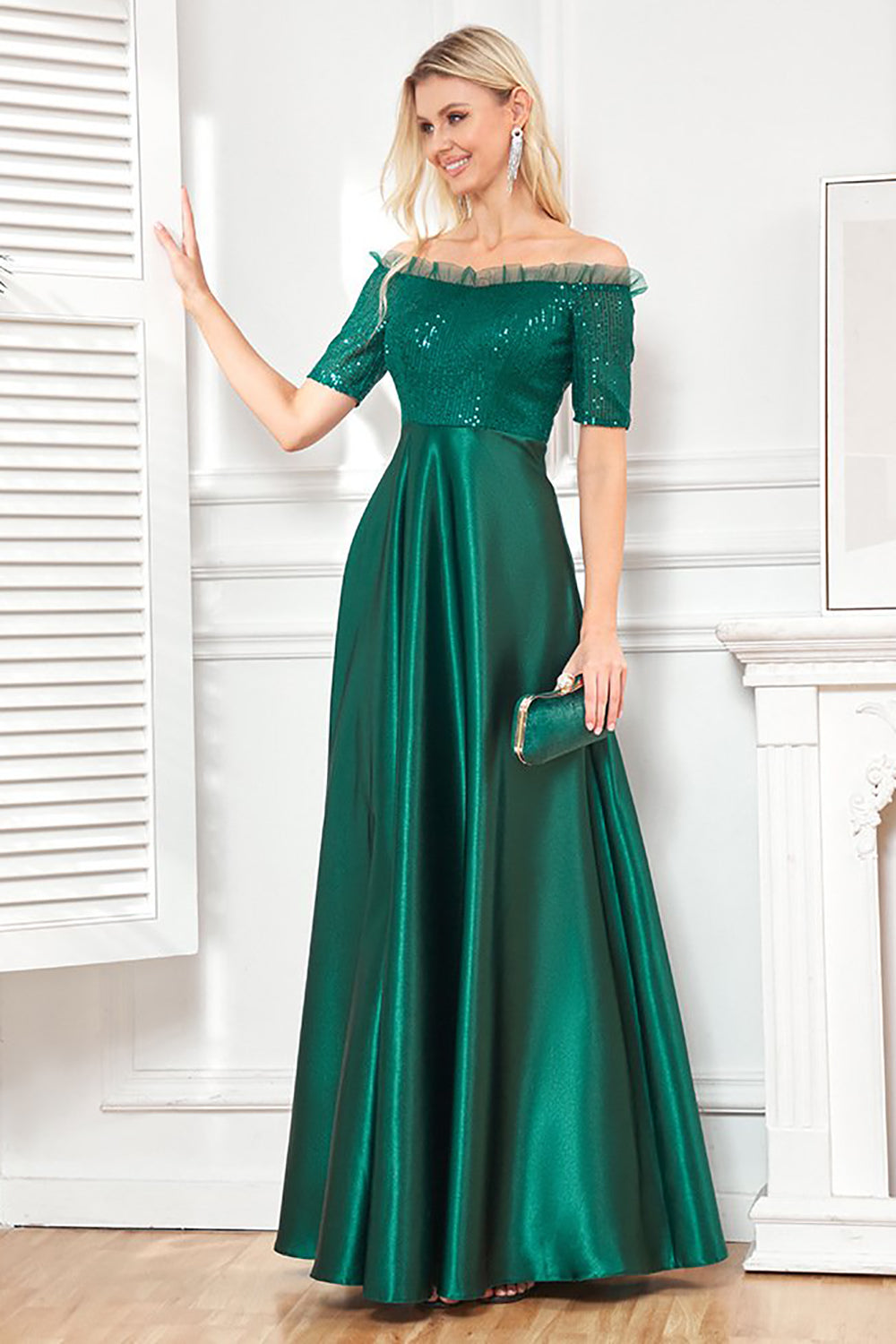 Off the Shoulder Dark Green Sparkly Sequin Long Holiday Party Dress With Slit