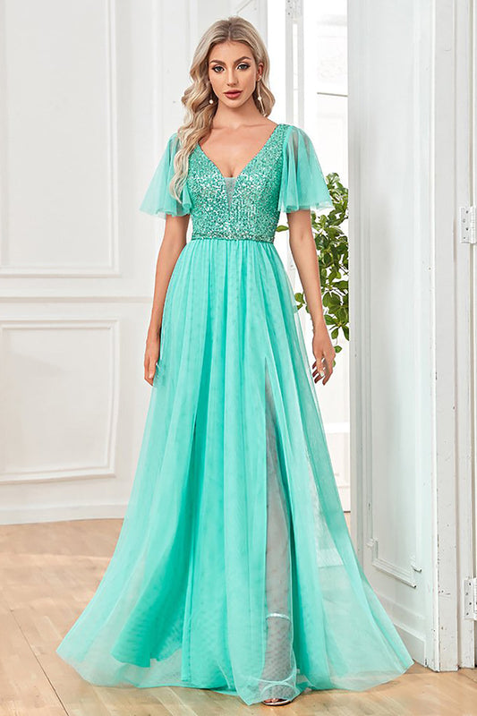Green Flutter Sleeves Sparkly A Line Holiday Party Dress