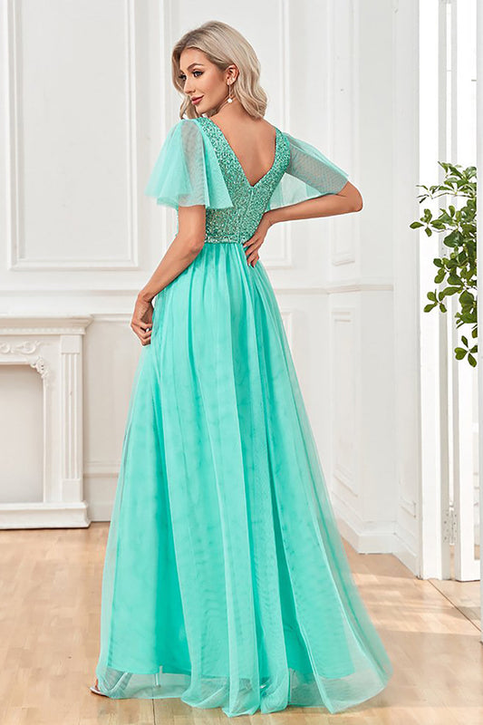 Green Flutter Sleeves Sparkly A Line Holiday Party Dress
