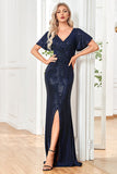 Sparkly Sequin Black Sheath V-Neck Holiday Party Dress With Slit