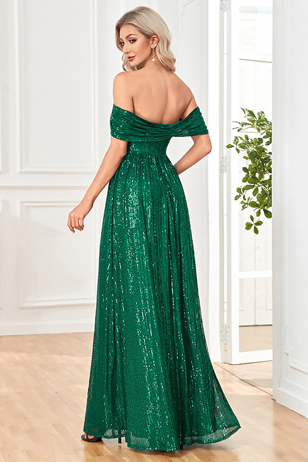 Sparkly Sequin Dark Green Off the Shoulder A Line Holiday Party Dress With Slit