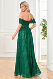 Sparkly Sequin Dark Green Off the Shoulder A Line Holiday Party Dress With Slit